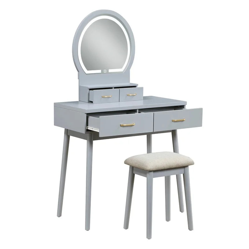 Luxury Gray Vanity Dresser with LED Mirror and Storage Drawer Set