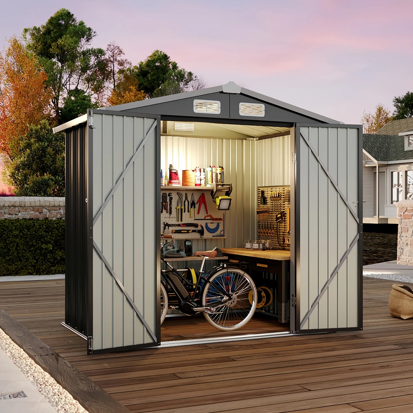 Stylish Gable Roof Metal Storage Shed – 6x4ft / 8x6ft / 10x8ft Options | Lockable Double Doors, Ventilation Panels & Rust-Resistant Coated Steel Construction | Ideal for Garden Tools, Patio Gear or Backyard Organization | E