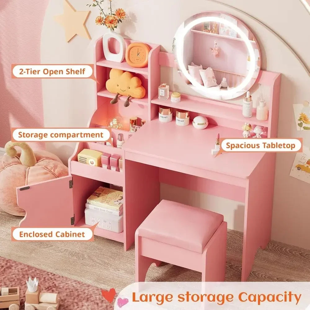 Children's Vanity Set with Lights, Makeup Desk, Storage Cabinet, Toddler Vanity Table and Chair, Pretend Play Vanity for Little
