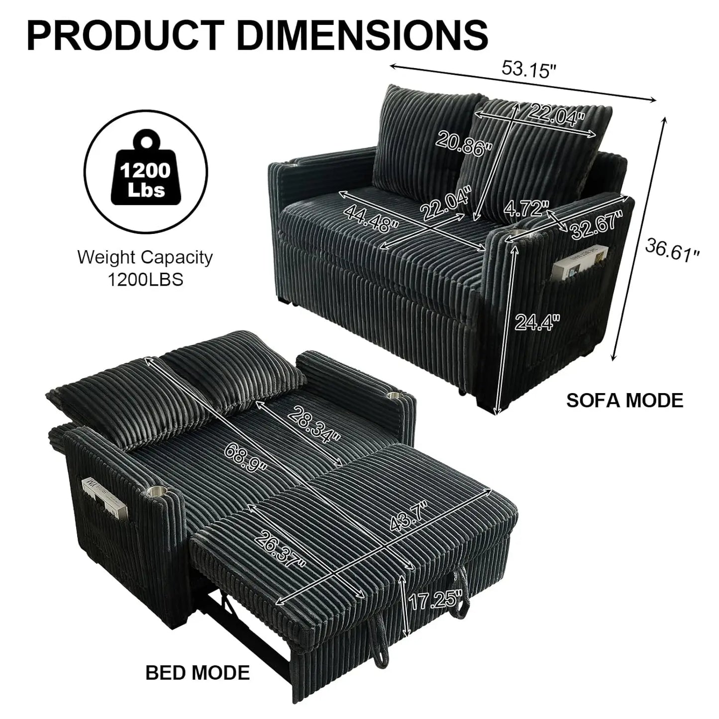3 In 1 Convertible Corduroy Sleeper Sofa Bed