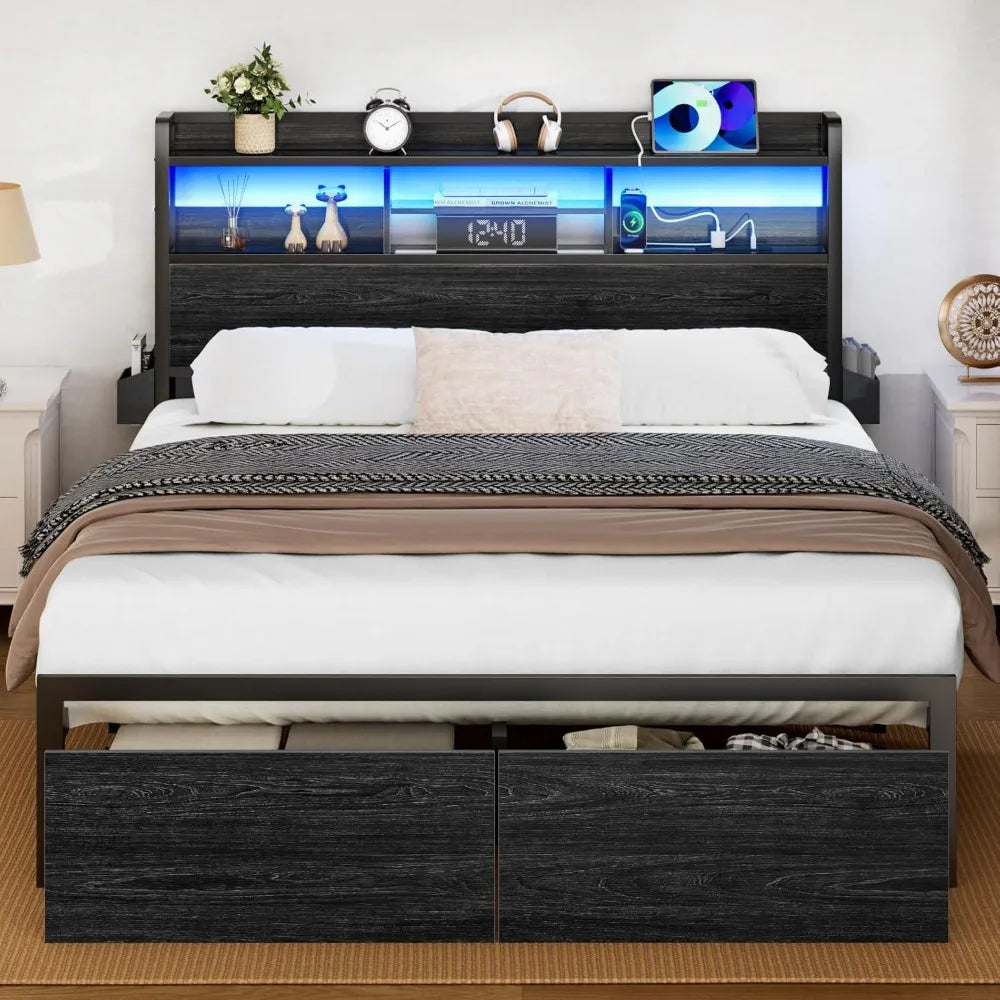 Bed Frame With Wood Headboard And Metal Platform With Drawers