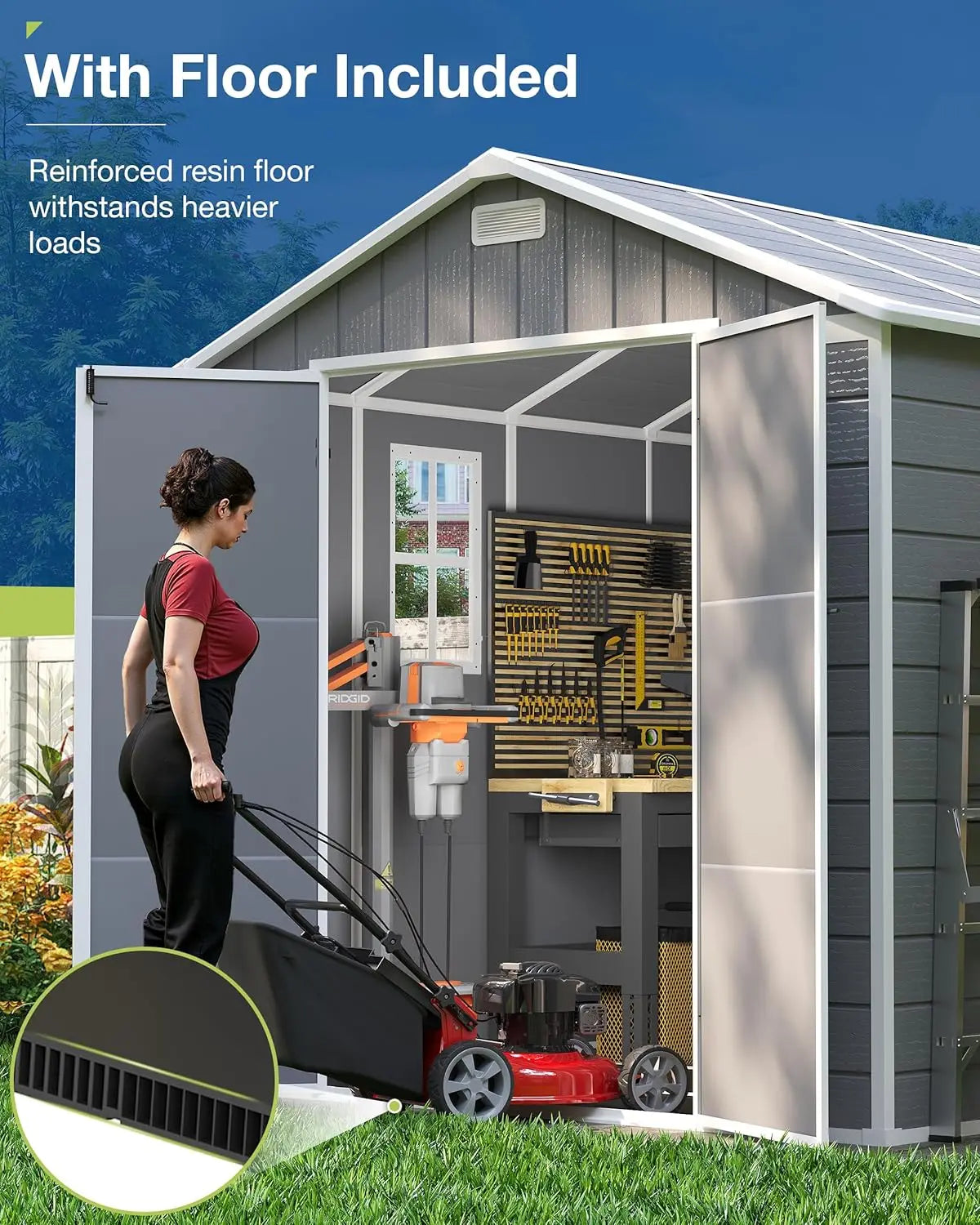 8x6 FT Storage Shed, Resin Outdoor Shed with Floor Included, Plastic Sheds Outdoor Storage for Bike, Garden Tools, Sheds