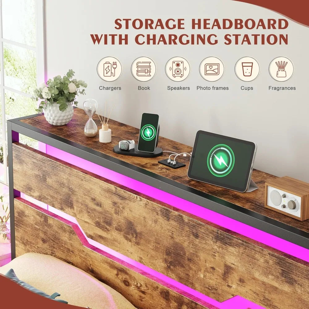 Platform Bed Frame With Headboard LED Lighting And Storage