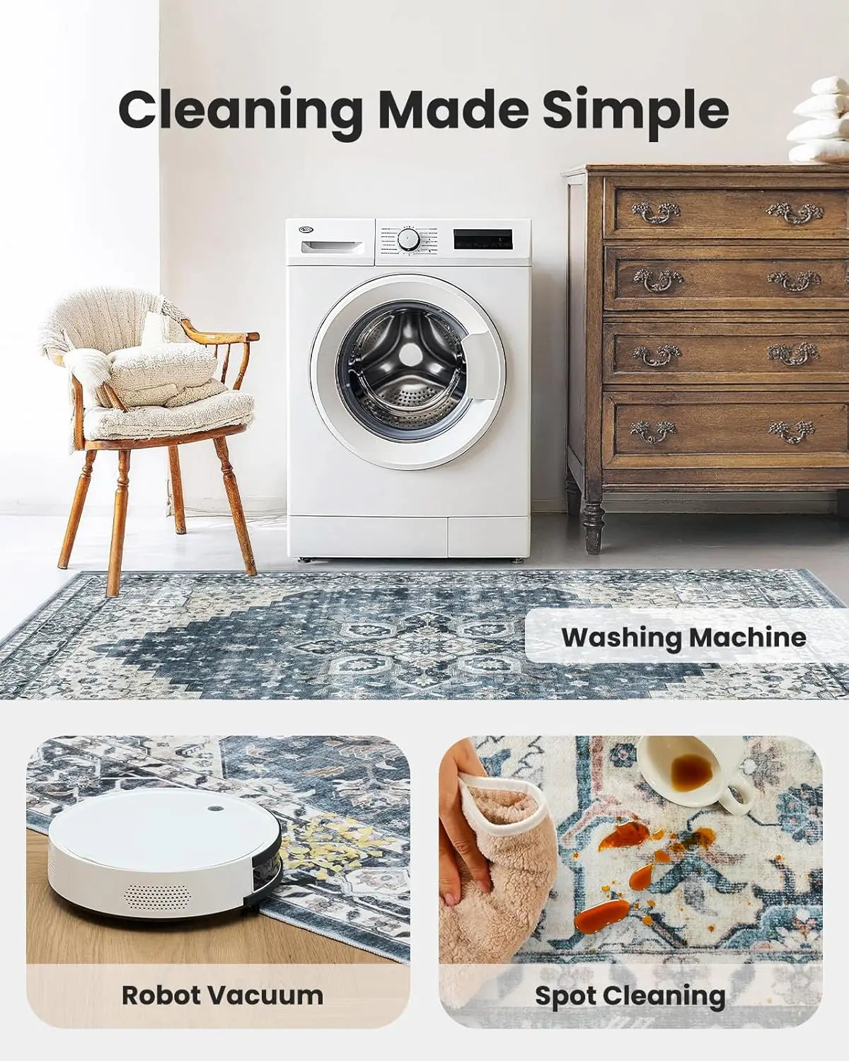 Washable Area Rug With Non Slip Backing For Living Room