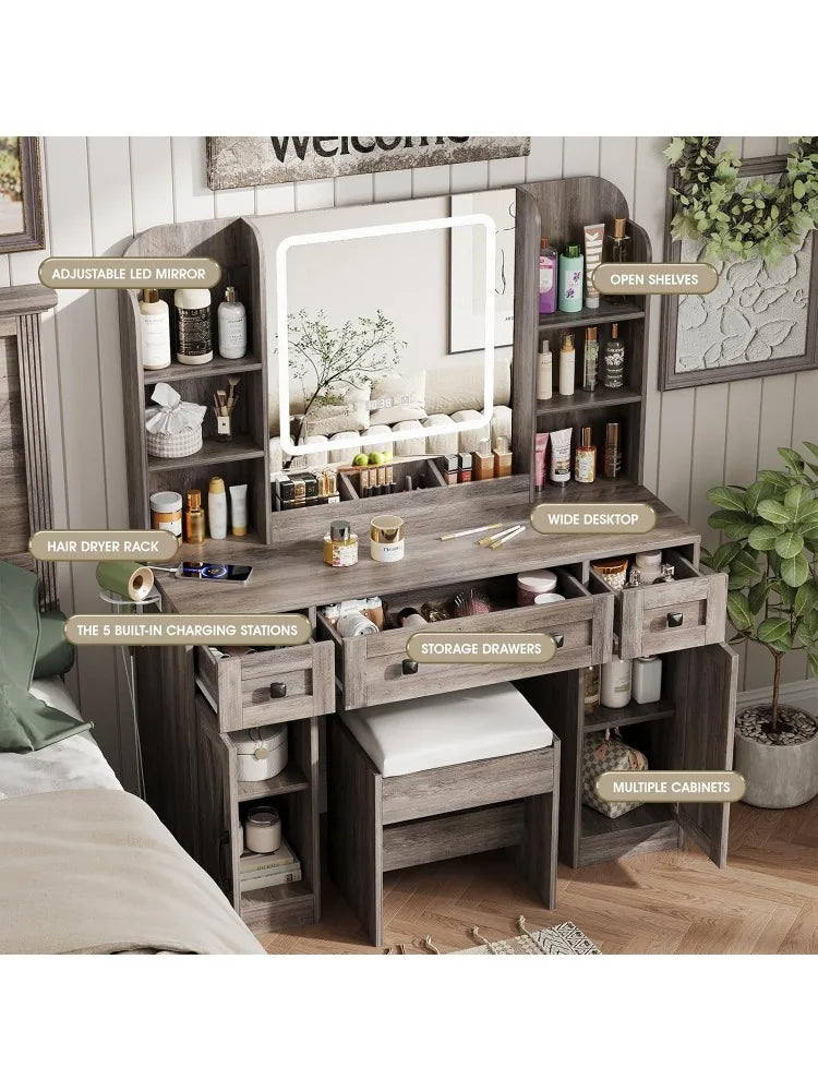 Makeup Vanity Desk With Mirror Lights And Chair Storage Drawers