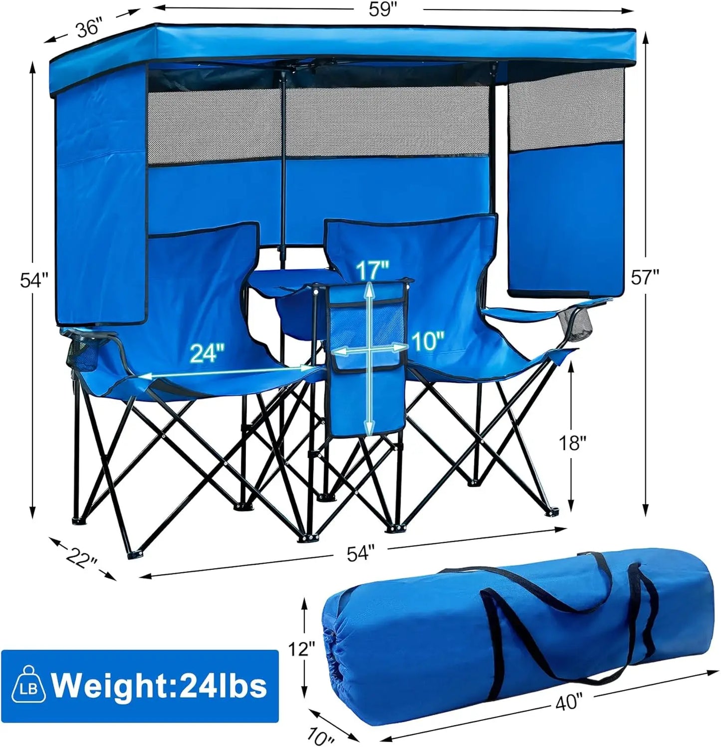 Double Beach Chair With Canopy Shade Folding Cup Holder Loveseat