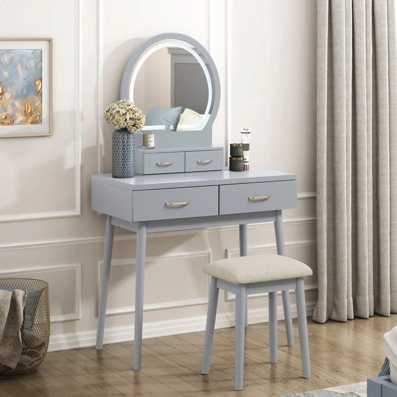 Luxury Gray Vanity Dresser with LED Mirror and Storage Drawer Set