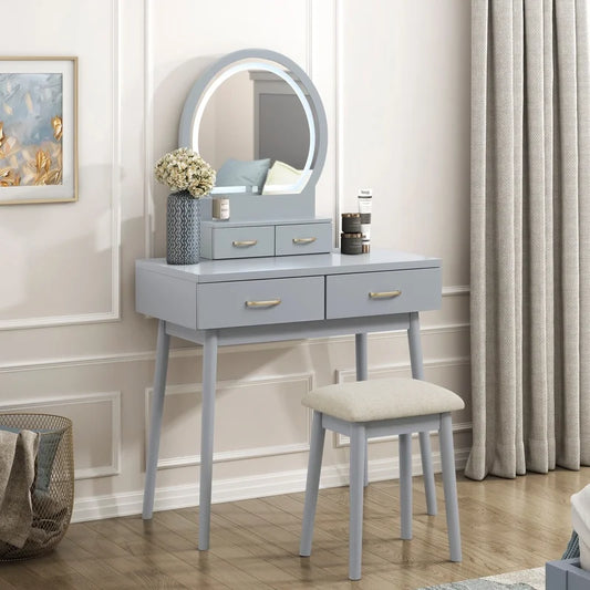 Luxury Gray Vanity Dresser with LED Mirror and Storage Drawer Set