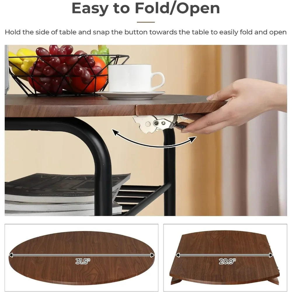 NONED Drop Leaf Round Folding Dining Table Set 3 Pieces For Small Spaces