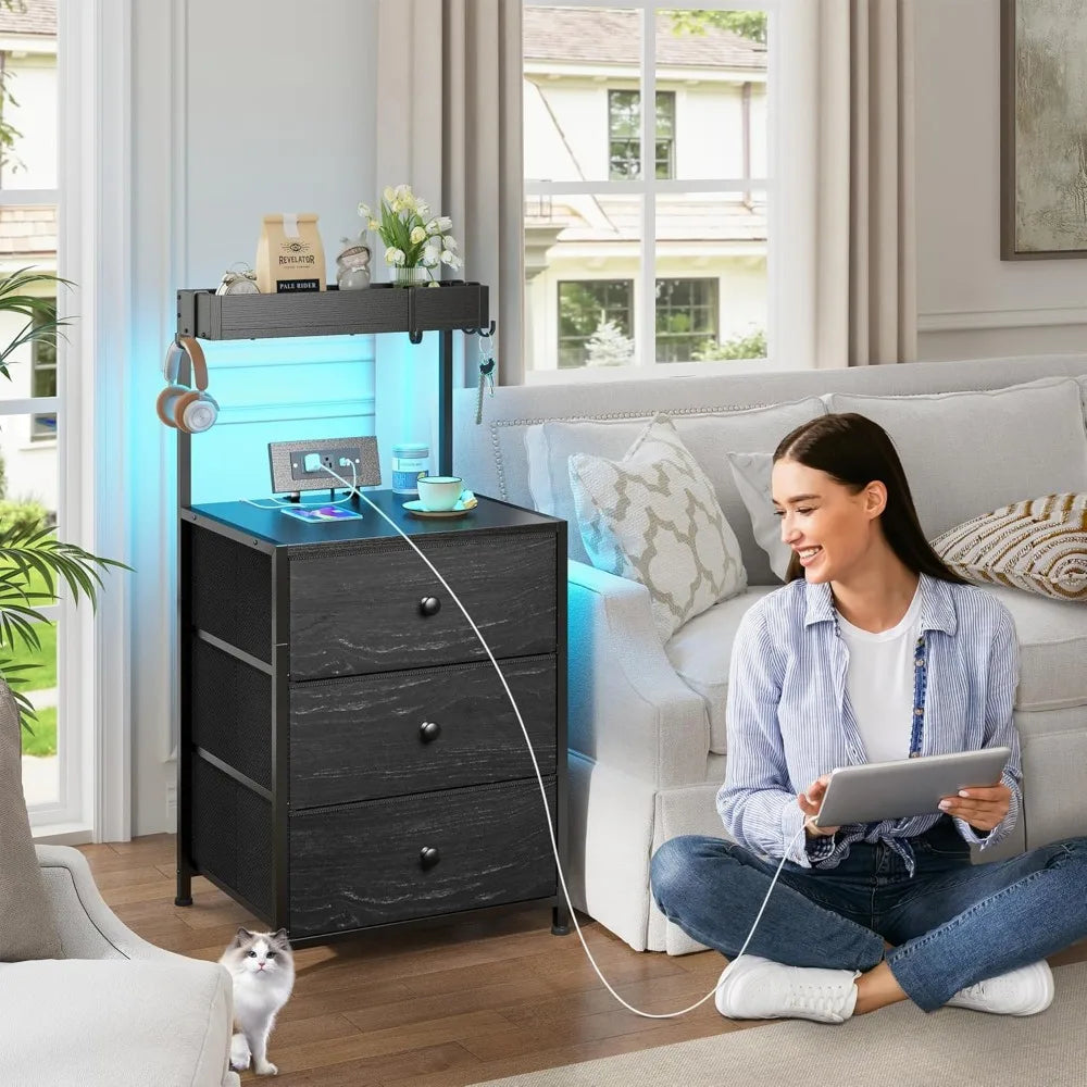 Tall Nightstand Set Of 2 With Charging Station And 3 Drawers