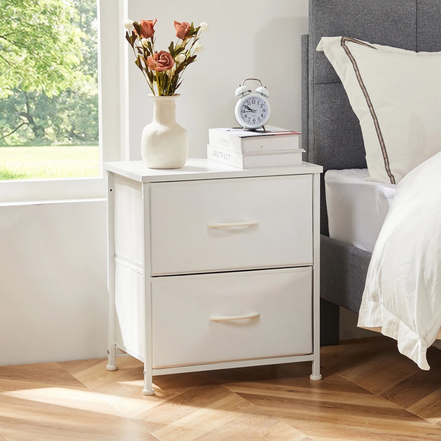 JHK Nightstand Bedside Table With Fabric Drawers For Bedroom Furniture