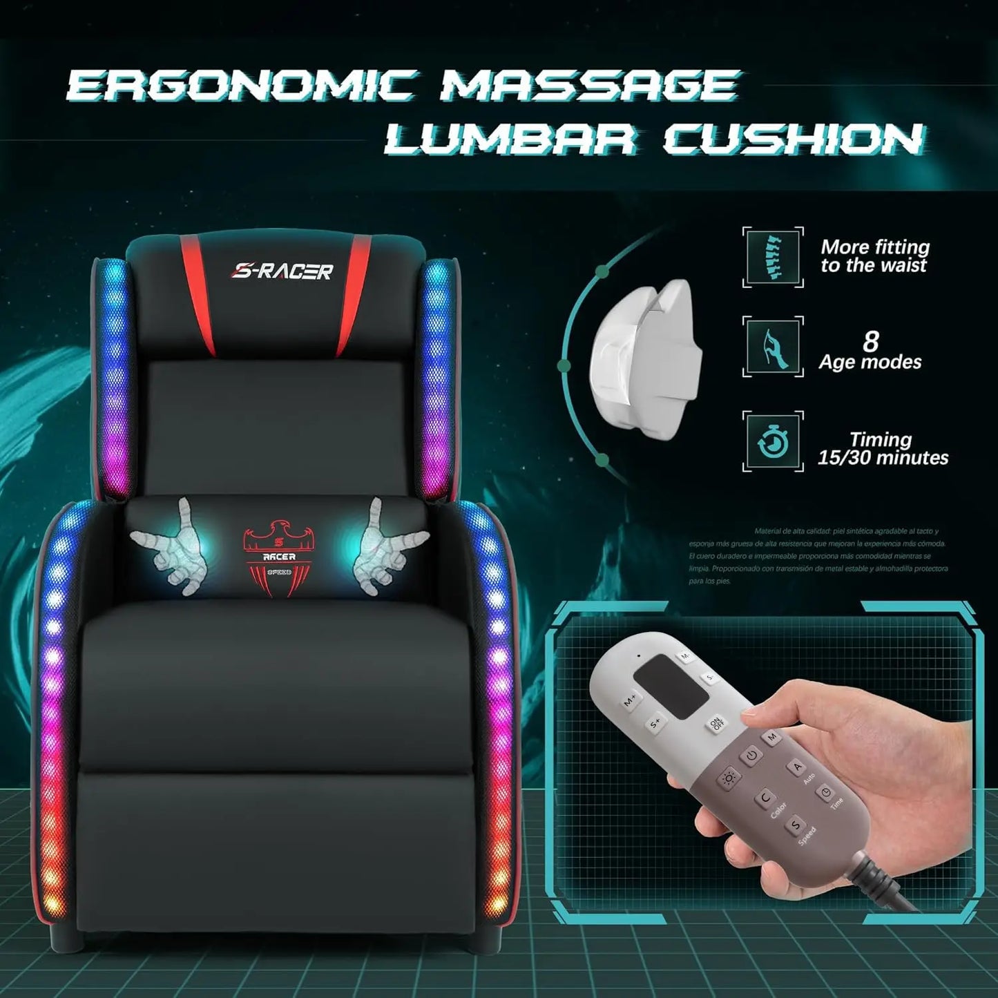 LED Massage Recliner Chair Racing Style Ergonomic Home Theater Seating