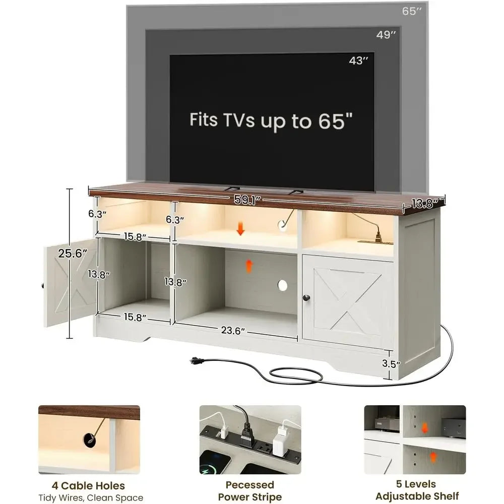 65 TV Stand with Power Outlet, LED Lights, and Storage for Living Room or Bedroom, White