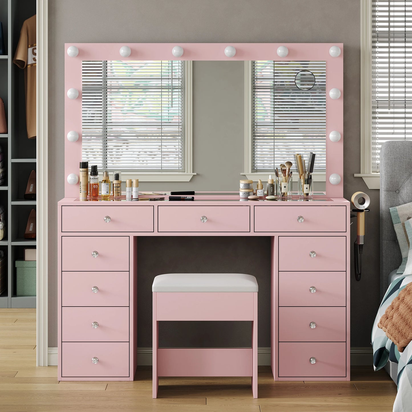 Bedroom Makeup Vanity Desk with Led Mirror, 11 Drawers