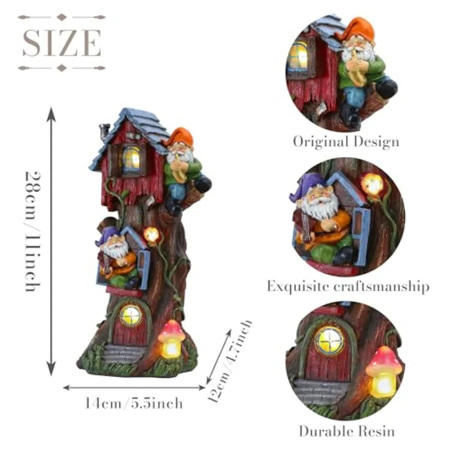 11" Tall Large Garden Statues Gnome Treehouse with Solar Outdoor Light, Dad Gifts for Men, Resin Garden Decor Lawn Ornaments fo