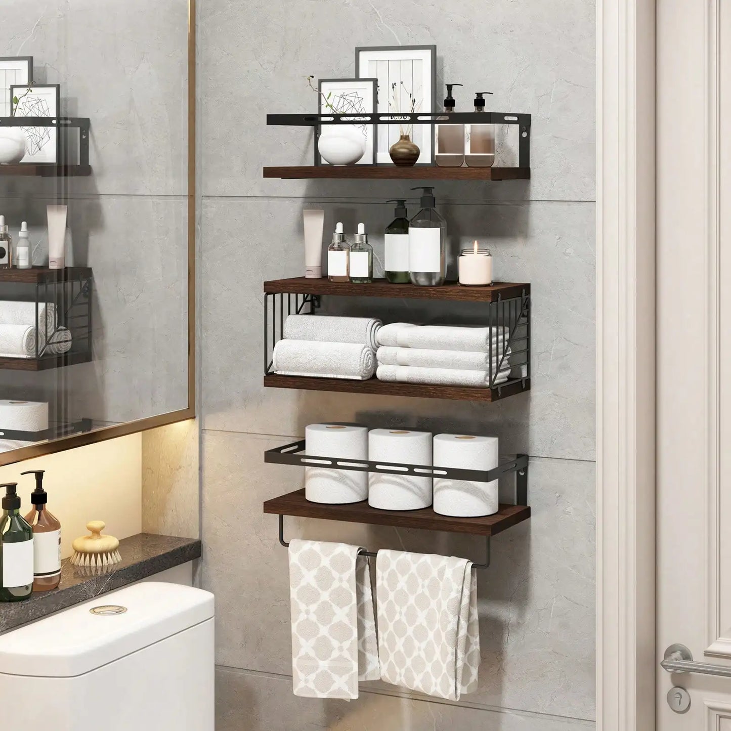 Wall Mounted Bathroom Shelves Over Toilet Rustic Wood Metal Frame