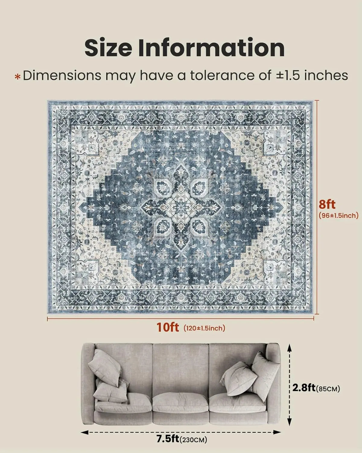 Washable Area Rug With Non Slip Backing For Living Room
