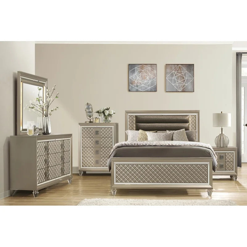 Luxury 4-Drawer Chest with Beveled Mirror Trim and Acrylic Feet, Champagne Finish