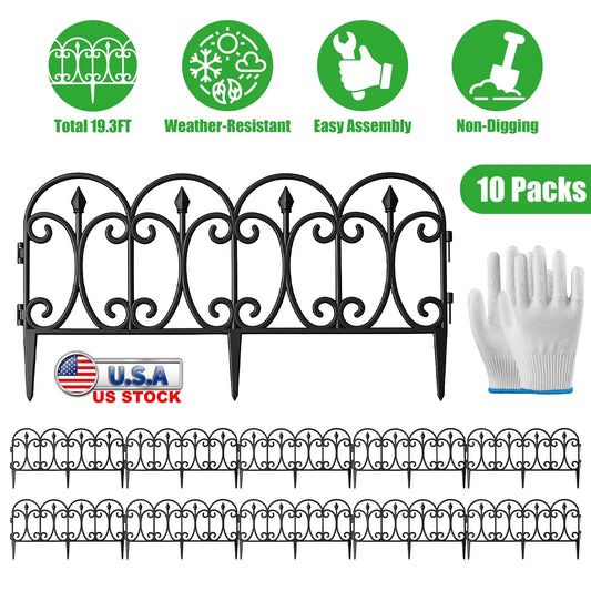 19.3ft Garden Decorative Fence 10Packs No-Dig Landscape Edging Flower Bed Border Rustproof Plastic Lawn Fence Outdoor US Stock