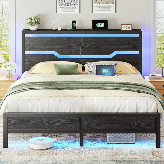Bed Frame With Headboard, Storage, Led Lights And Charging Station