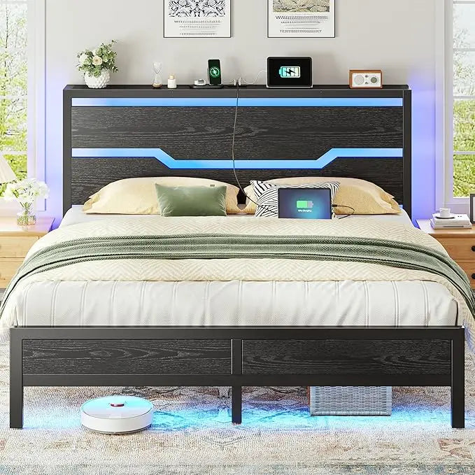 Platform Bed Frame With Headboard LED Lighting And Storage