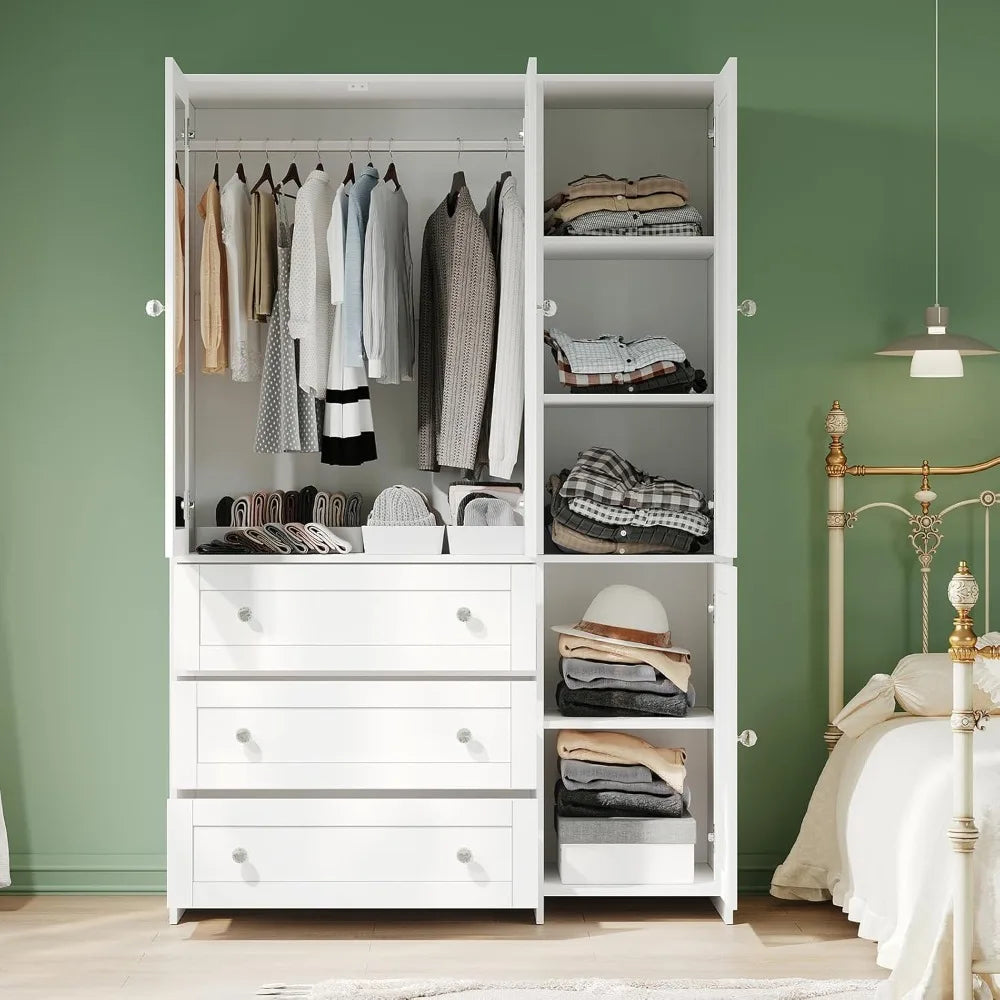 Armoire Wardrobe Closet with Drawers and Mirror, 71" Clothing Storage Cabinet with Hanging Rod, 4 Doors Wooden, Customized