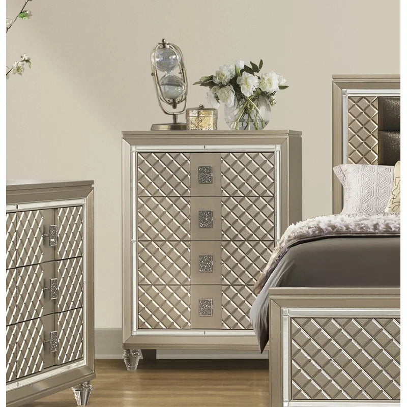 Luxury 4-Drawer Chest with Beveled Mirror Trim and Acrylic Feet, Champagne Finish