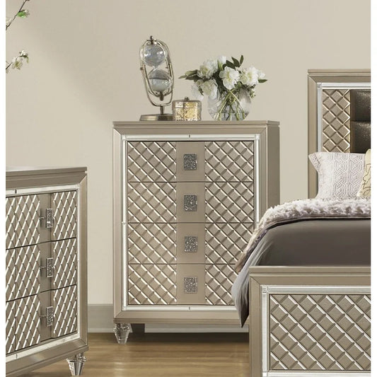 Luxury 4-Drawer Chest with Beveled Mirror Trim and Acrylic Feet, Champagne Finish