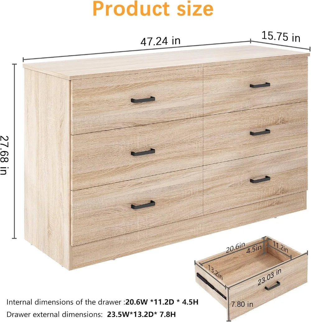 Dresser for Bedroom, 6 Drawer Double Dresser, Modern Chest of Drawers with Deep Drawers, TV Stand Large Storage Organizer