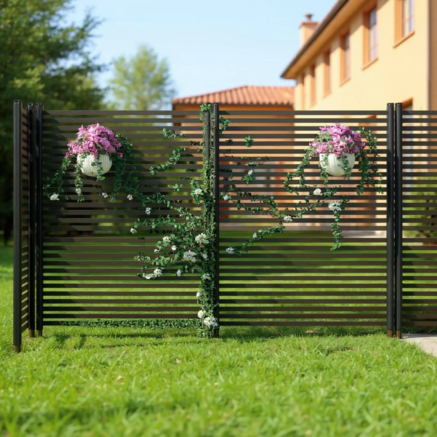 No-Dig Outdoor Privacy Screen Fence Kit, Rustproof 3-Panel 9FT Freestanding Metal Enclosure for AC Units, Pool Equipment, Trash