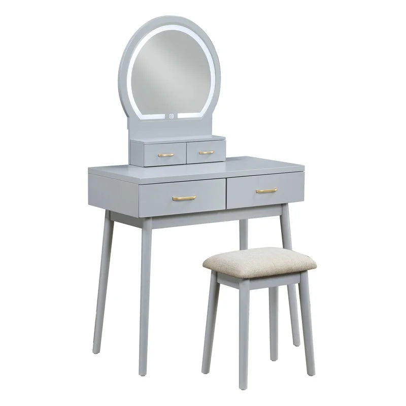 Luxury Gray Vanity Dresser with LED Mirror and Storage Drawer Set
