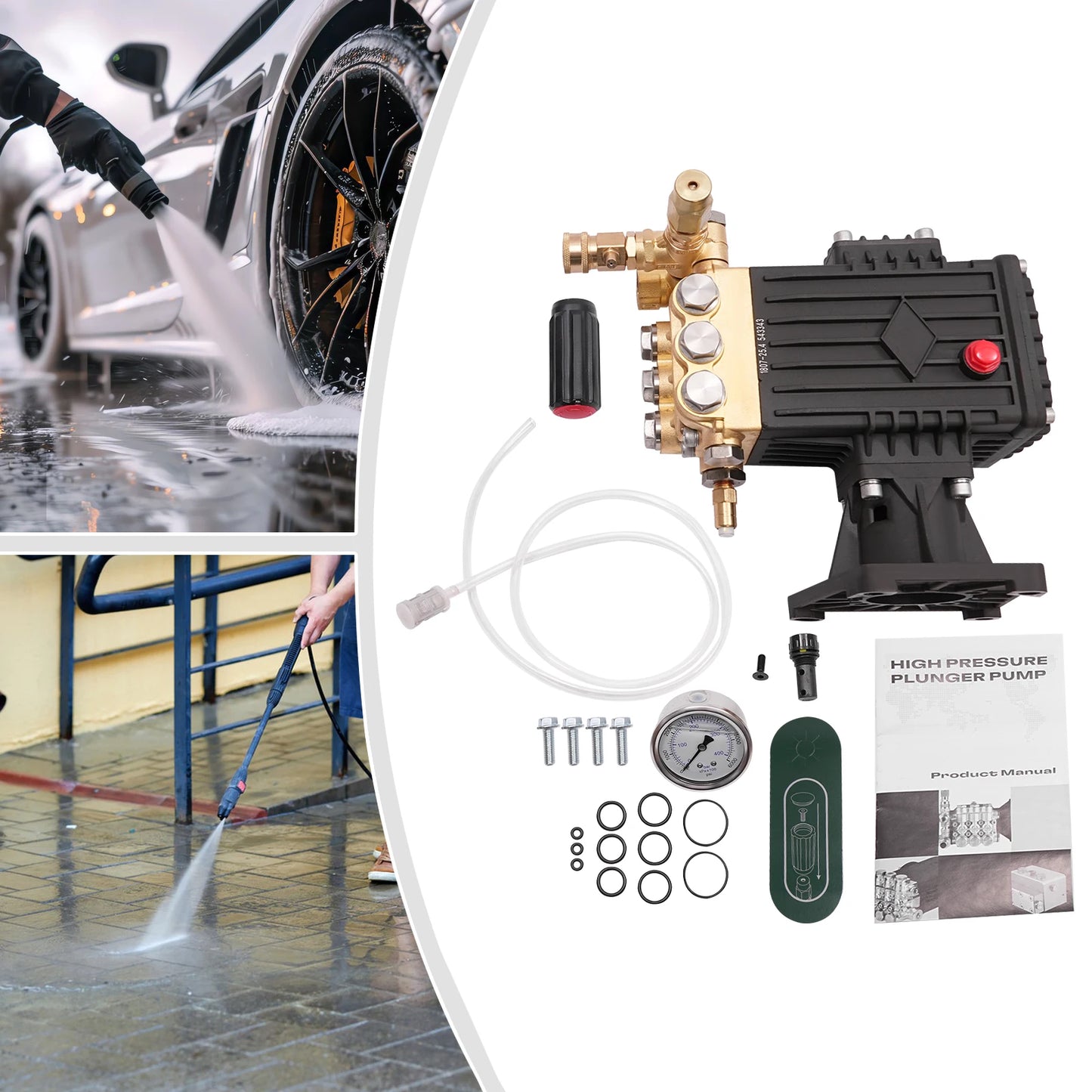 4000PSI 4GPM High Pressure Brass Pump Head Gas Pressure Washer Pump 13HP 3400RPM Direct Drive Rust Proof Aluminum Shell with Pressure Gauge for Car Wall Sidewalk