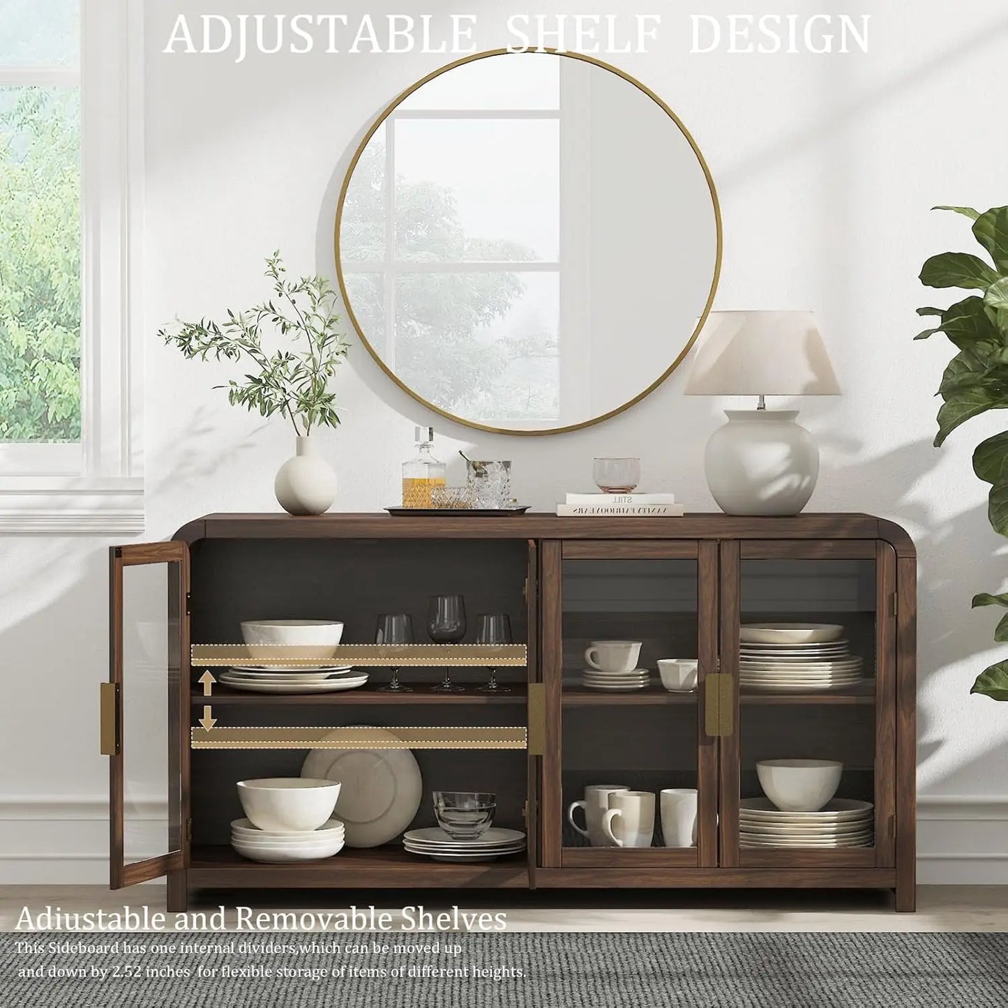 Oak Sideboard Buffet Cabinet With Storage And Adjustable Shelves