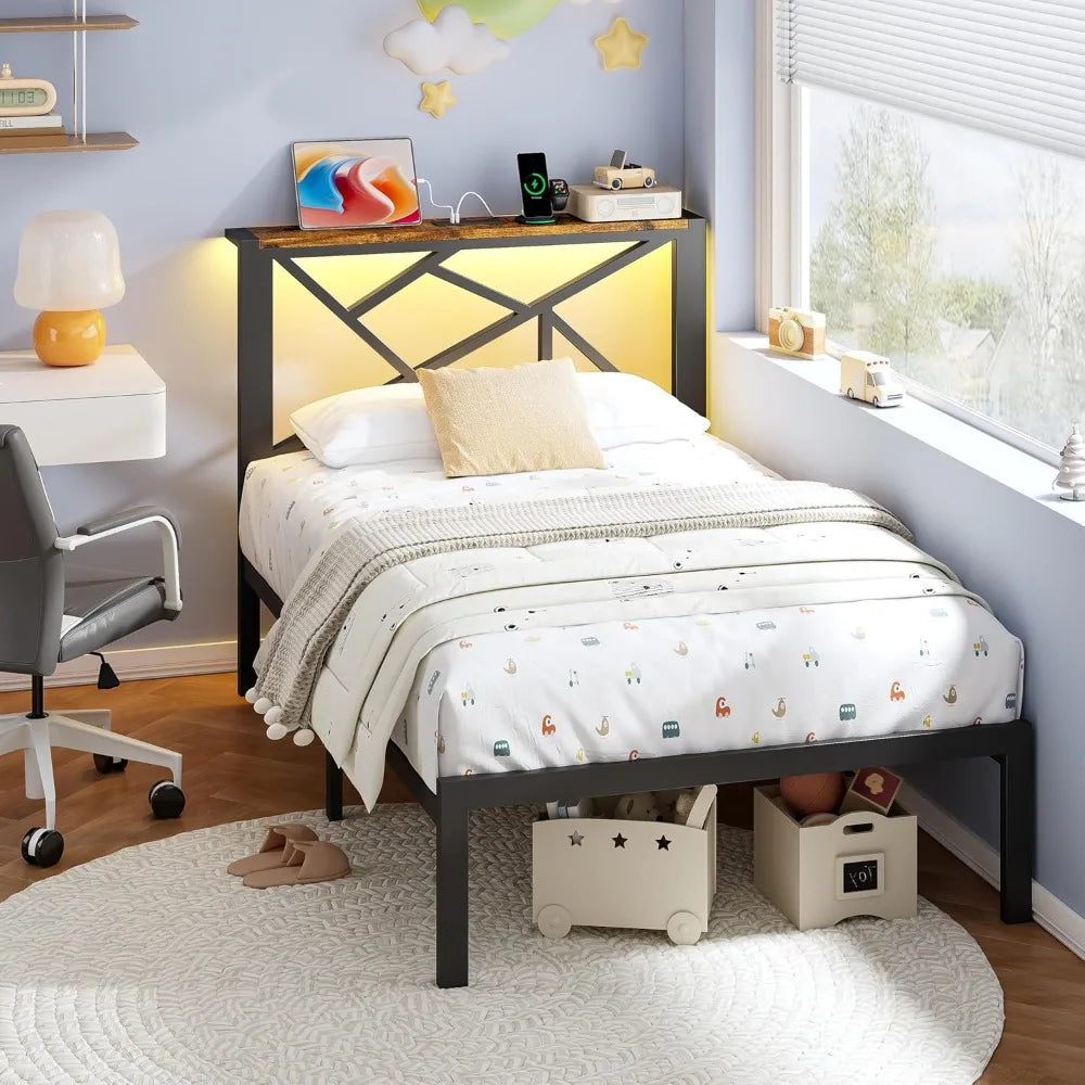 Metal Bed Frame With USB Charging Station And LED Lighting