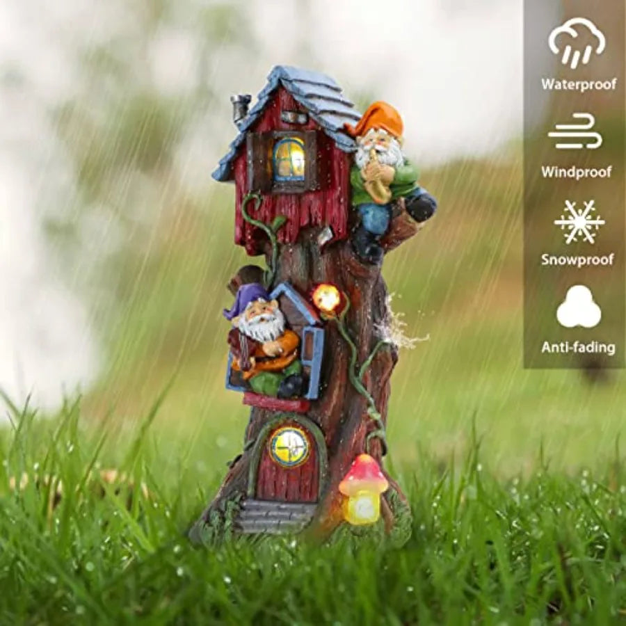 11" Tall Large Garden Statues Gnome Treehouse with Solar Outdoor Light, Dad Gifts for Men, Resin Garden Decor Lawn Ornaments fo