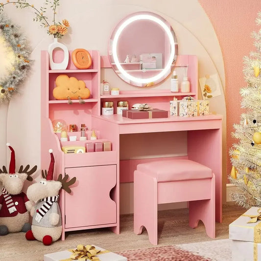 Children's Vanity Set with Lights, Makeup Desk, Storage Cabinet, Toddler Vanity Table and Chair, Pretend Play Vanity for Little