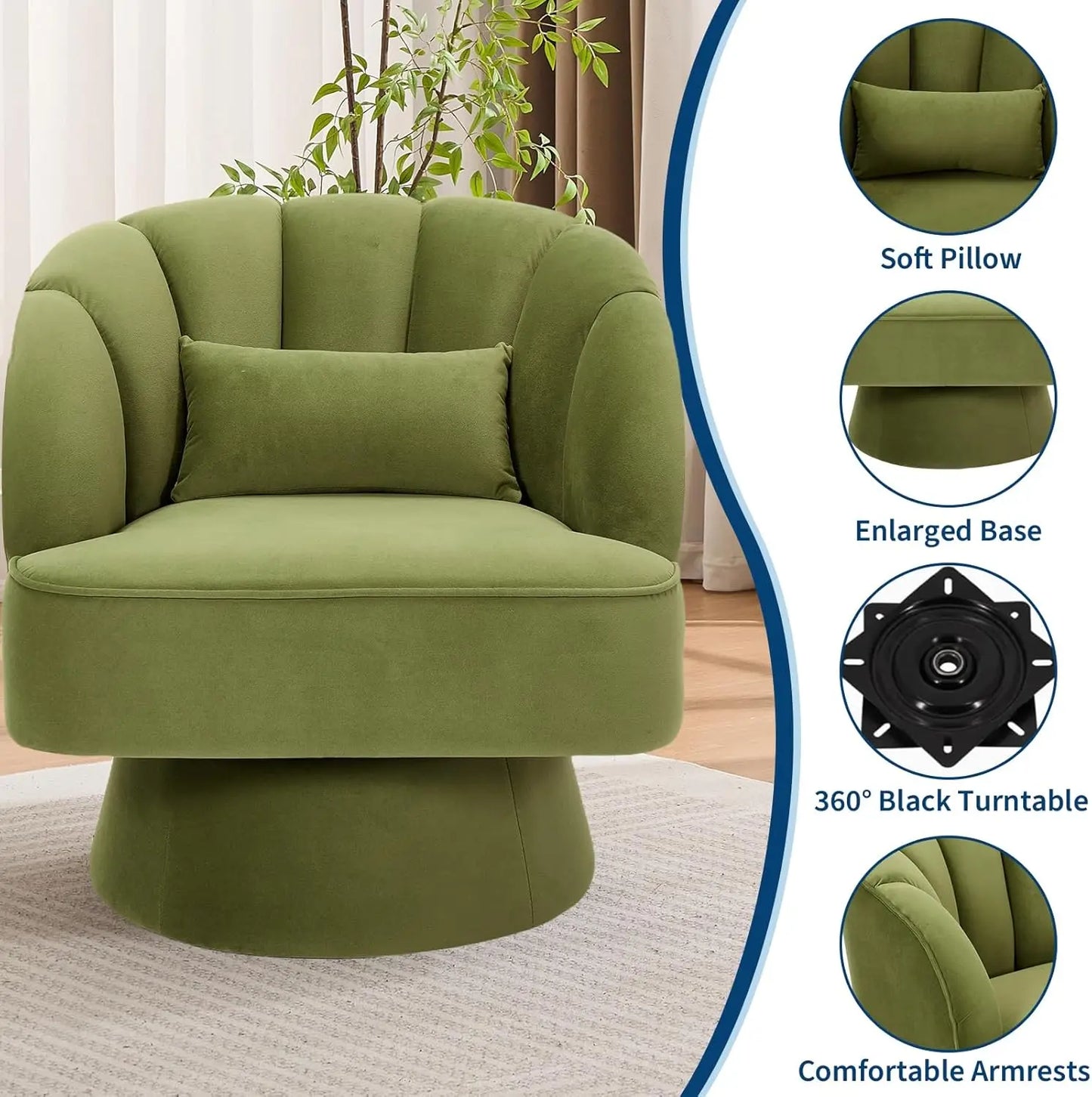 Ultra-Plush Swivel Accent Chair 360° Barrel Lounge Chair with Padding Modern Striped Backrest Velvet Upholstered Round Armchair