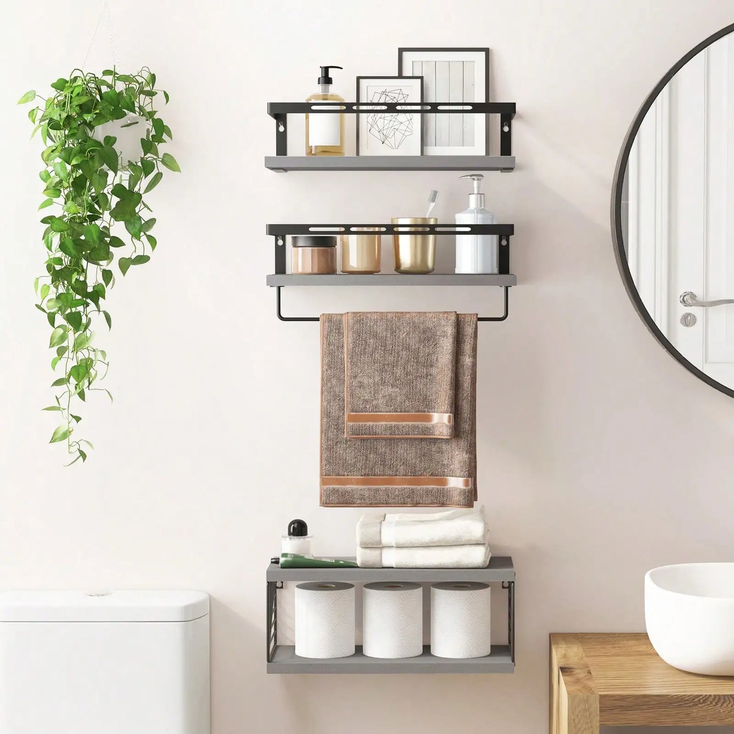 Wall Mounted Bathroom Shelves Over Toilet Rustic Wood Metal Frame
