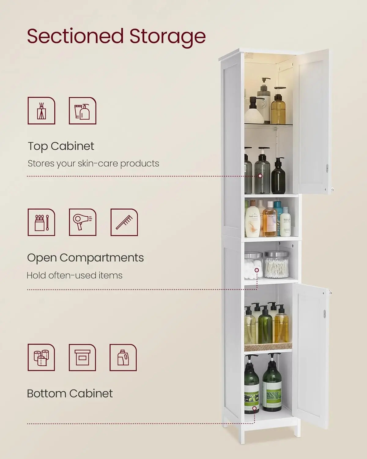Tall Storage Cabinet with Lights, Slim Freestanding Cabinet with Adjustable Shelves, for Small Spaces, Bathroom, Living Room, Mo