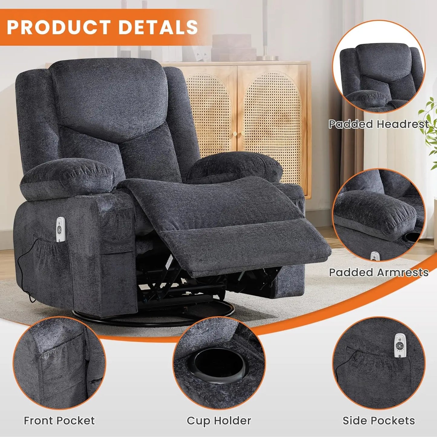 Swivel Recliner Chair With Massage And Heat And Cup Holders