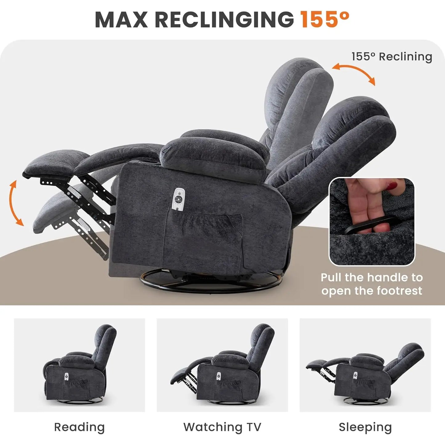 Swivel Recliner Chair With Massage And Heat Side Pocket