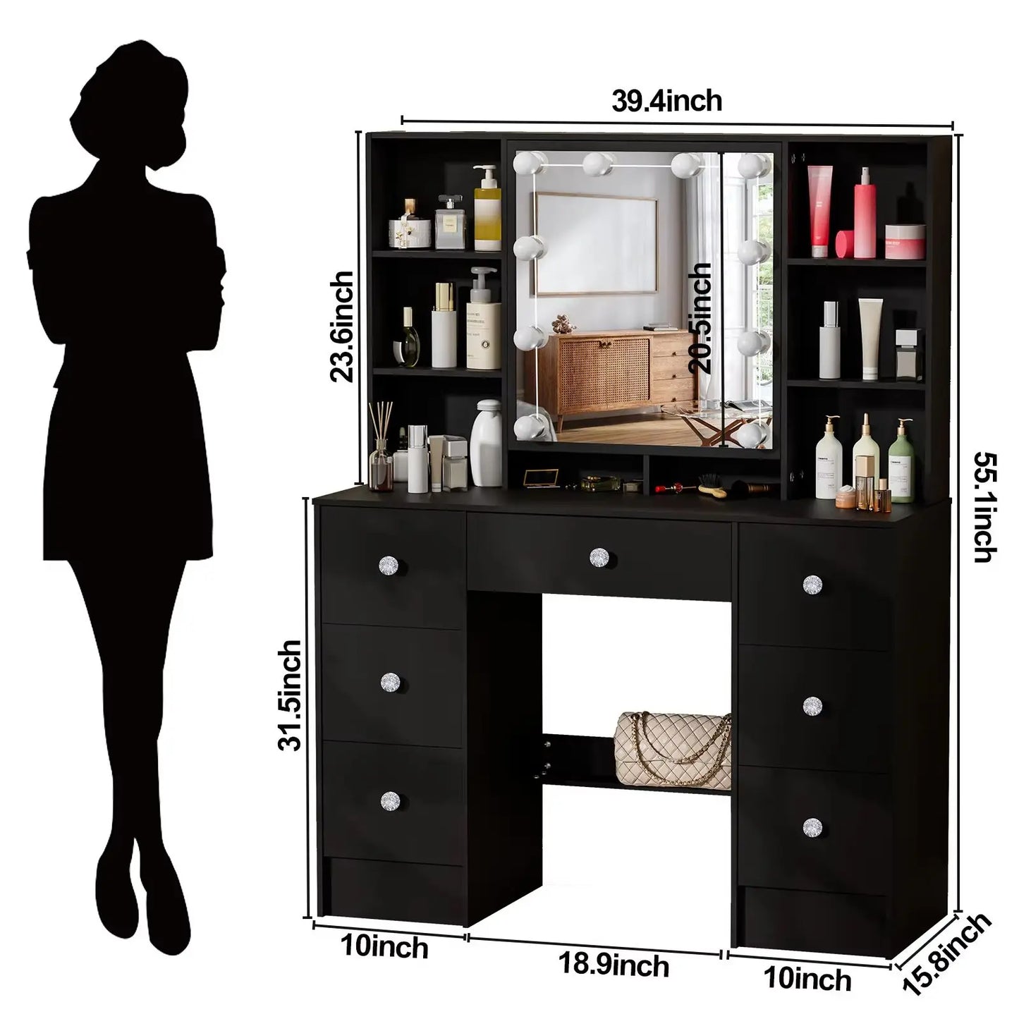 Large Light Luxury Vanity Set, 3 Color Dimmable LED Mirror, 5 Drawers Sturdy Frame Bedroom Easy Assembly