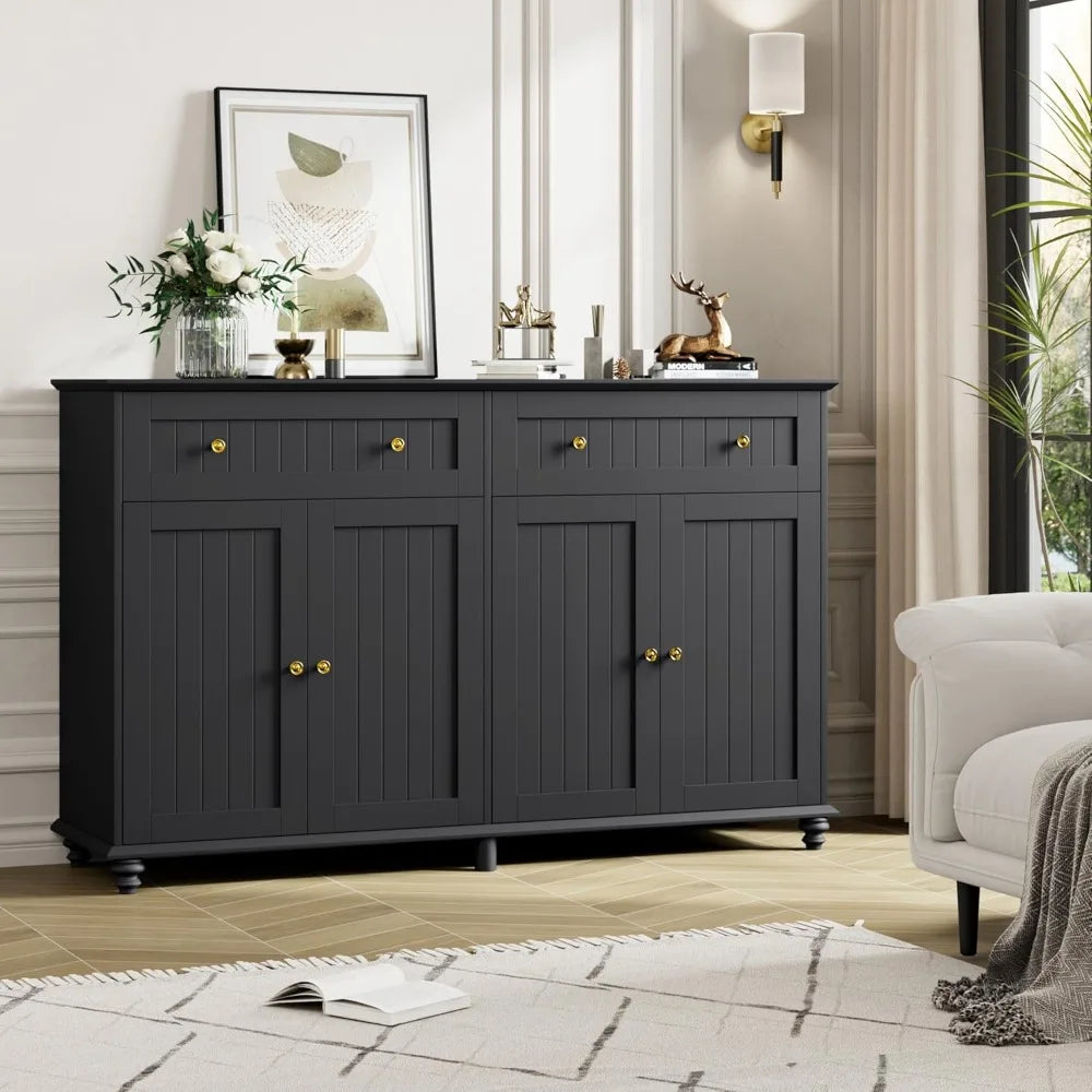 Buffet Cabinet with Storage, 55.1” Large Sideboard Buffet, Black Kitchen Cabinet with 2 Drawers and 4 Doors