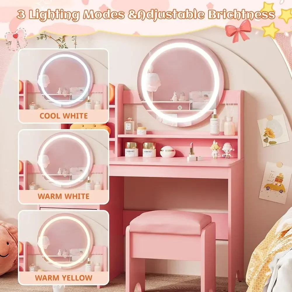 Children's Vanity Set with Lights, Makeup Desk, Storage Cabinet, Toddler Vanity Table and Chair, Pretend Play Vanity for Little