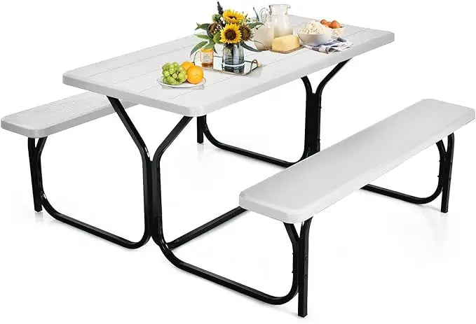 Picnic Table, Resin Dining Table & 2 Benches Set, Weather Resistant Wood Grain Tabletop & Steel Frame, Plastic Picnic Tables