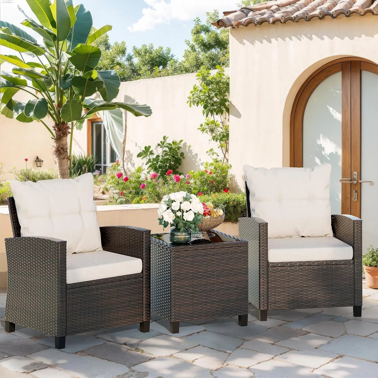 Patio Furniture Set Outdoor Wicker Rattan Bistro Cushioned Chairs