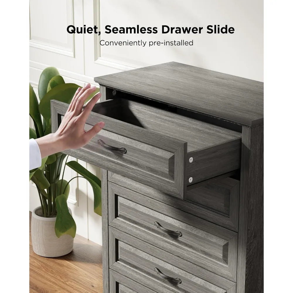 Grey 5 Drawers Dresser Chests for Bedroom, 42.7 Inch Tall Wooden Dresser, Farmhouse Storage Organizer with Large Drawer