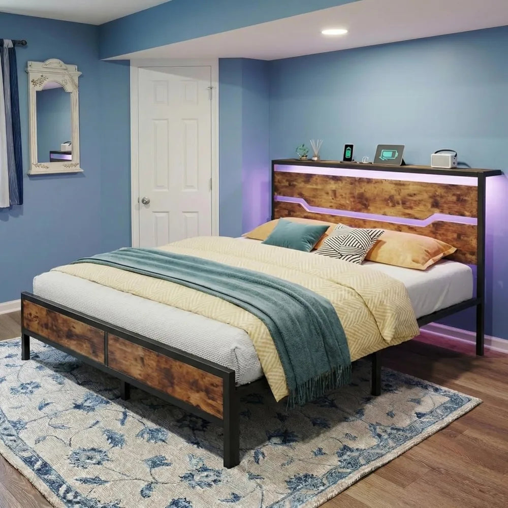 Bed Frame With Headboard, Storage, Led Lights And Charging Station