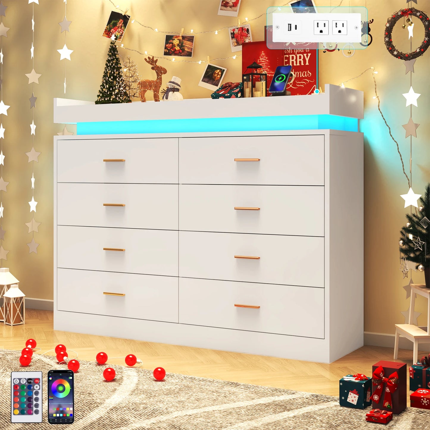8 Drawer Dresser with LED Light, Modern Chest of Drawers for Closet, 47" Wide Drawer Organizer Cabinet for Bedroom, Living Room
