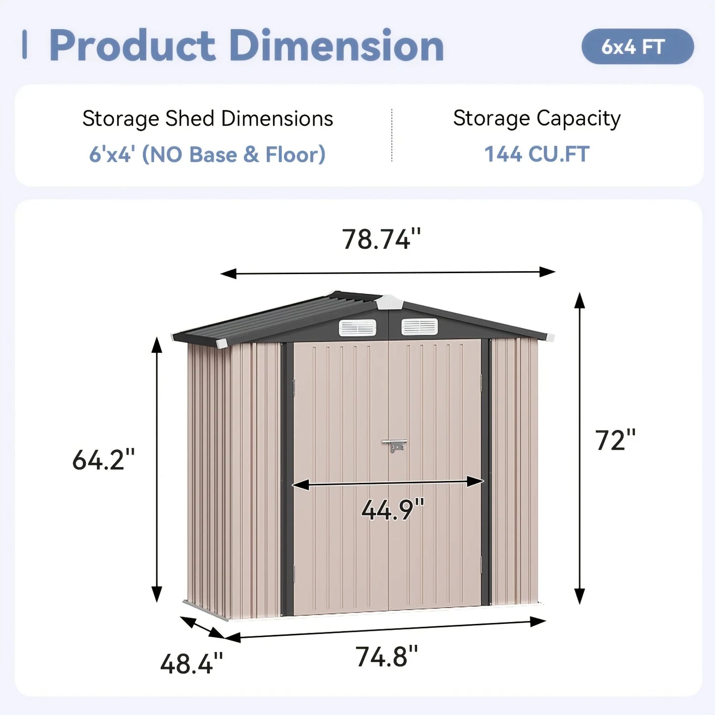 Stylish Gable Roof Metal Storage Shed – 6x4ft / 8x6ft / 10x8ft Options | Lockable Double Doors, Ventilation Panels & Rust-Resistant Coated Steel Construction | Ideal for Garden Tools, Patio Gear or Backyard Organization | E